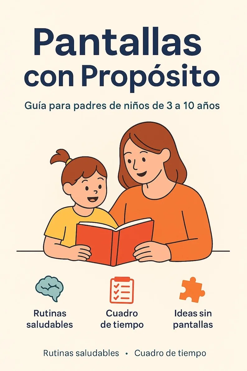 Cover: Pantallas con Propósito, a parents guide with a mother and child reading a book.