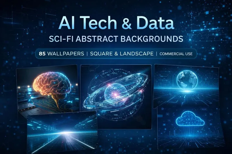 Cover: AI Tech and Data sci-fi abstract backgrounds, showing a glowing brain, a planet ring, a globe and a cloud in blue.