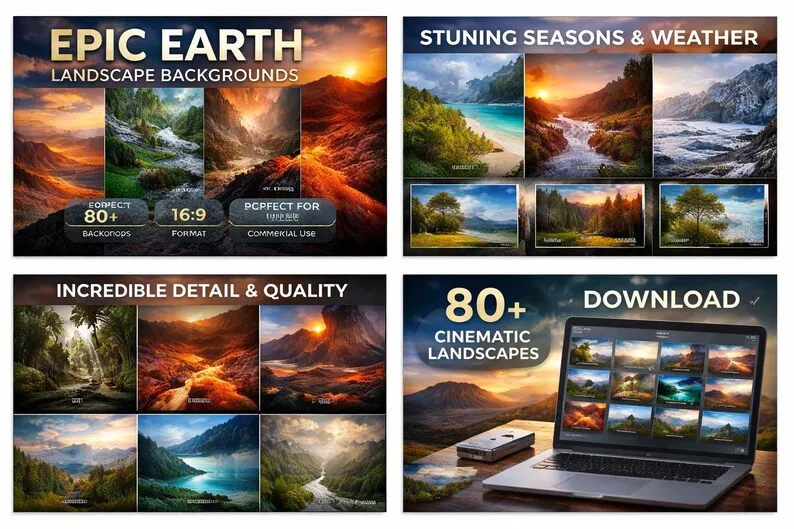 Cover: Epic Earth landscape backgrounds, four panels of mountains, rivers, lava and forests through the seasons.