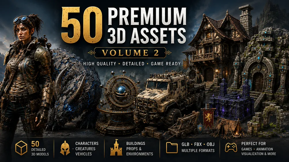 Cover: 50 Premium 3D Assets Volume 2, a game-ready set with a scavenger heroine, an armored beast, a timber house and a stone gate.